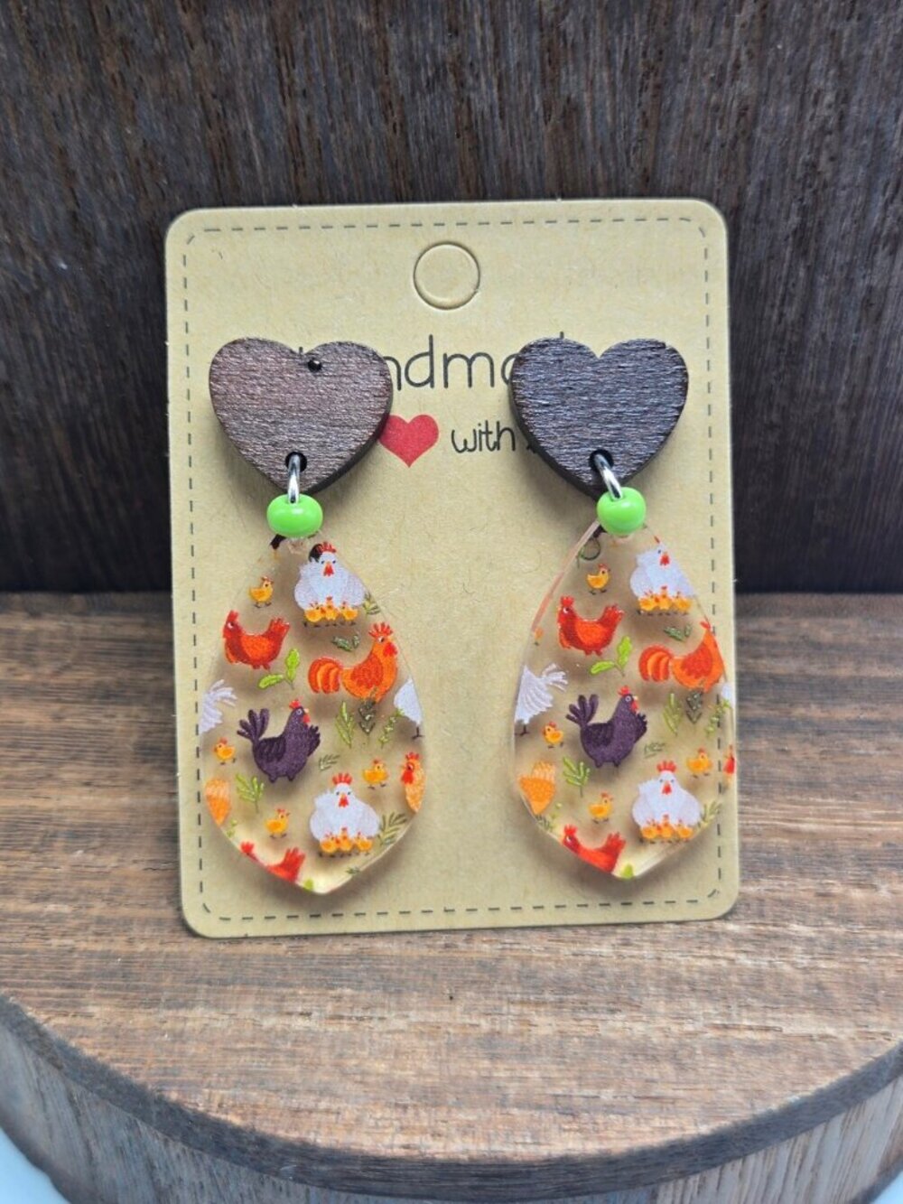 NWT Heart Farm Girl Chicken Earrings Pierced Country Wood Acrylic Glass Bead